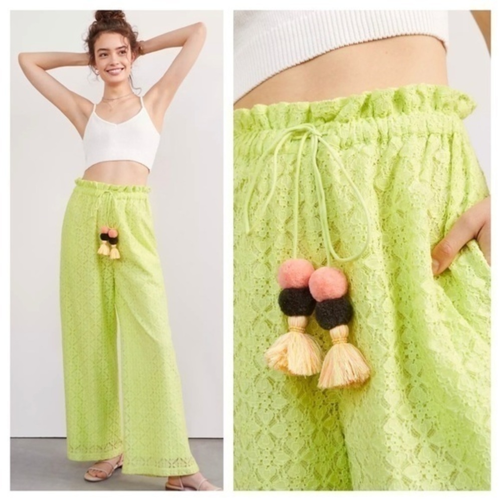 Anthropologie Lacy Wide-Leg Pants ~ Tassel Pom Pom Tie / Green